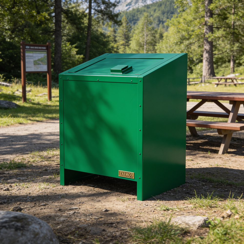 Green metal trash can in a park setting with trees and a picnic table in the background.