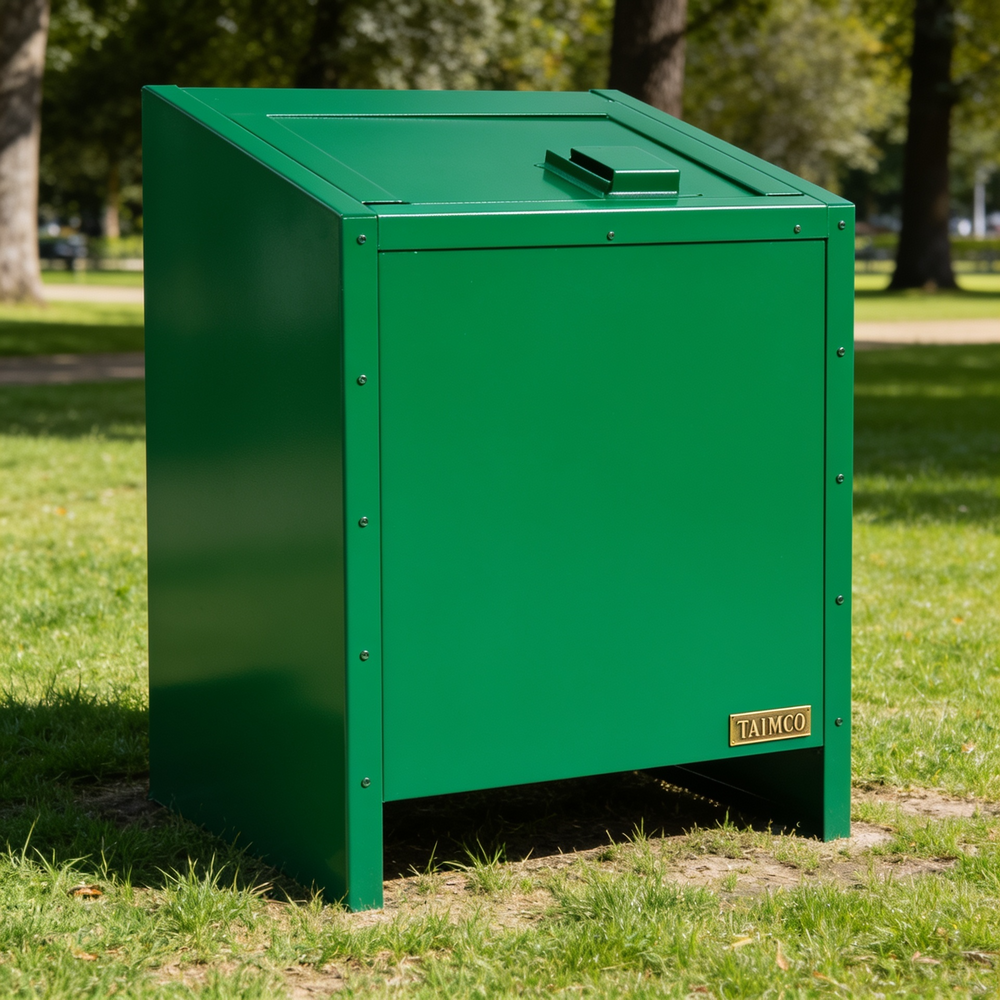 Green metal trash bin with 'Talma' branding on grass