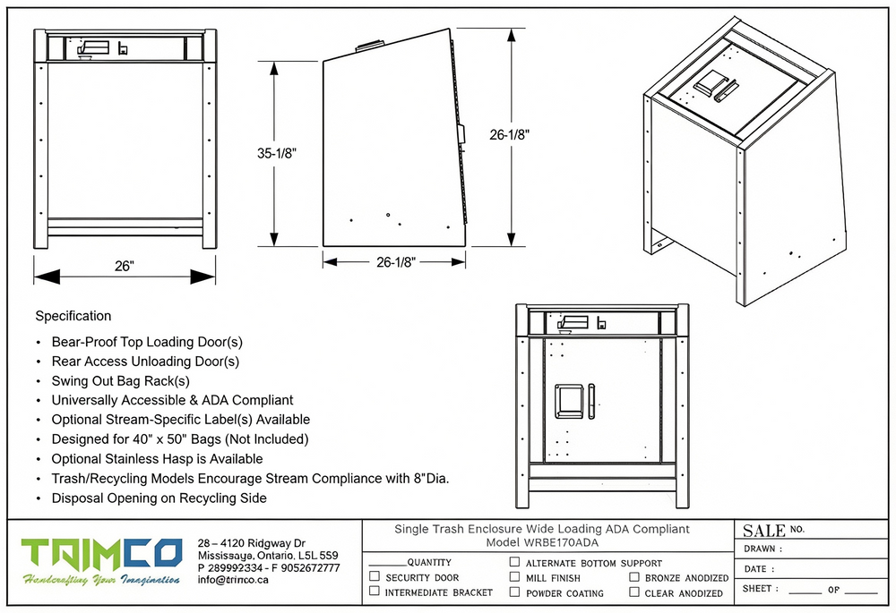 Technical drawing of a trash enclosure with dimensions and specifications