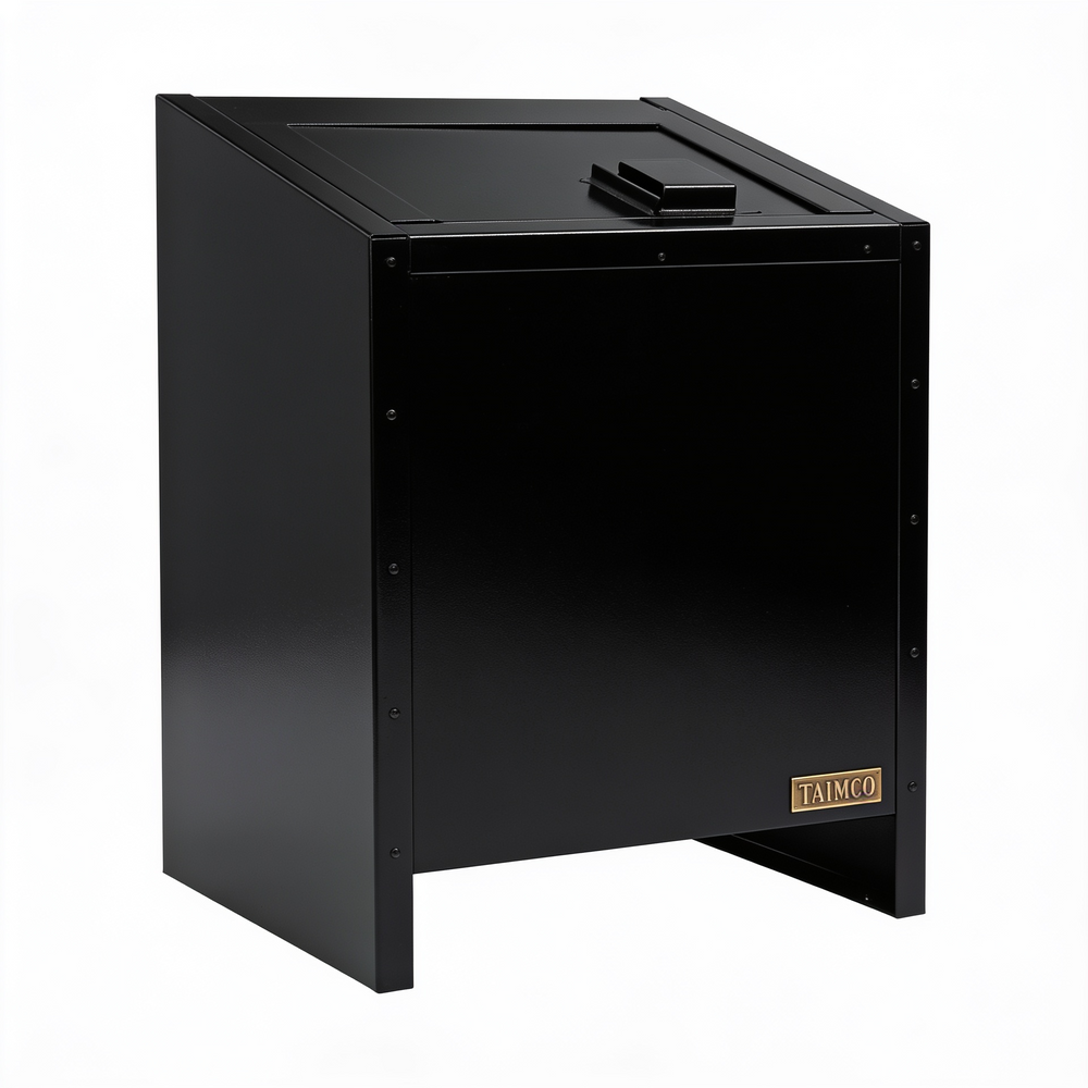 Black metal cabinet with 'Taimco' branding on a white background
