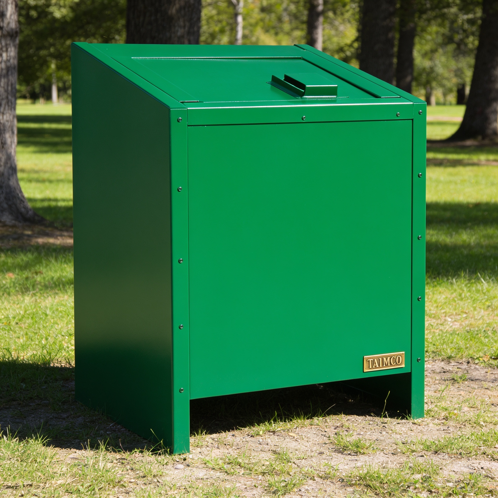 Green metal cabinet with 'Talimco' branding on a grassy area with trees in the background