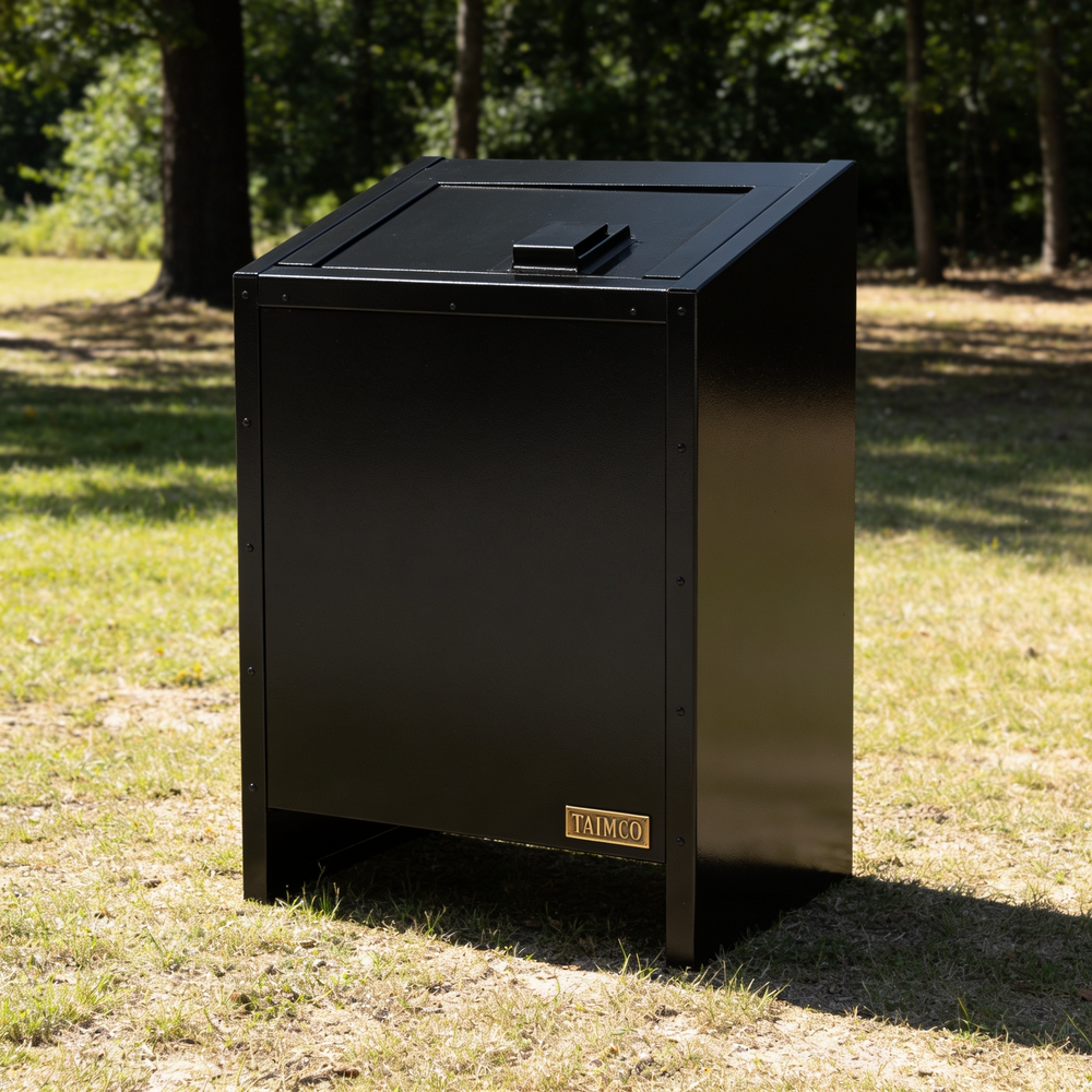Black metal trash can on grass with trees in the background