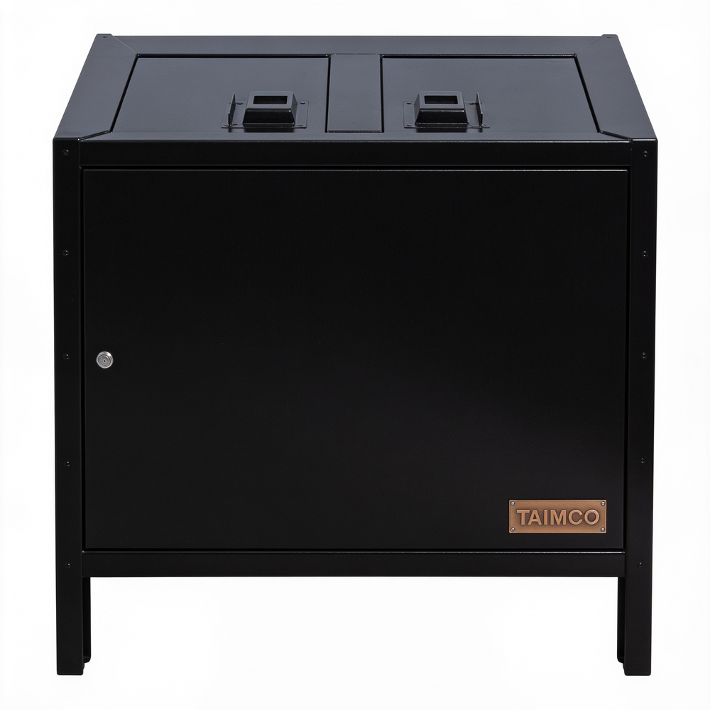 Red commercial waste bin with double top access and reinforced metal construction