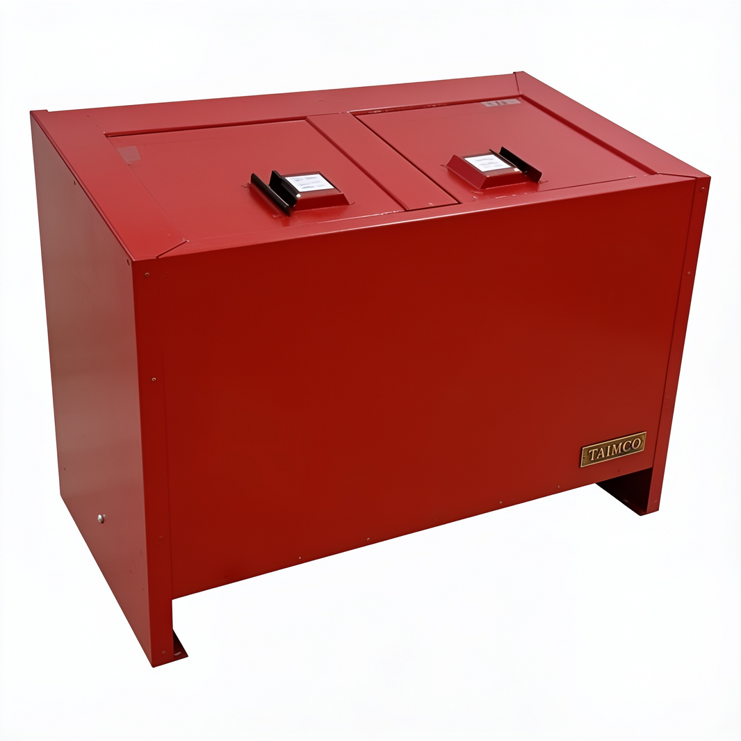 Red metal waste enclosure with dual hinged lids and TAIMCO label