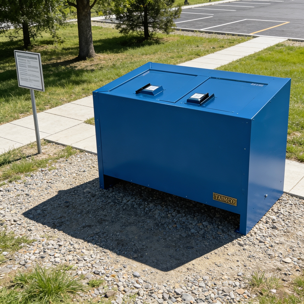 Outdoor recycling and waste enclosure with dual lids and TAIMCO branding