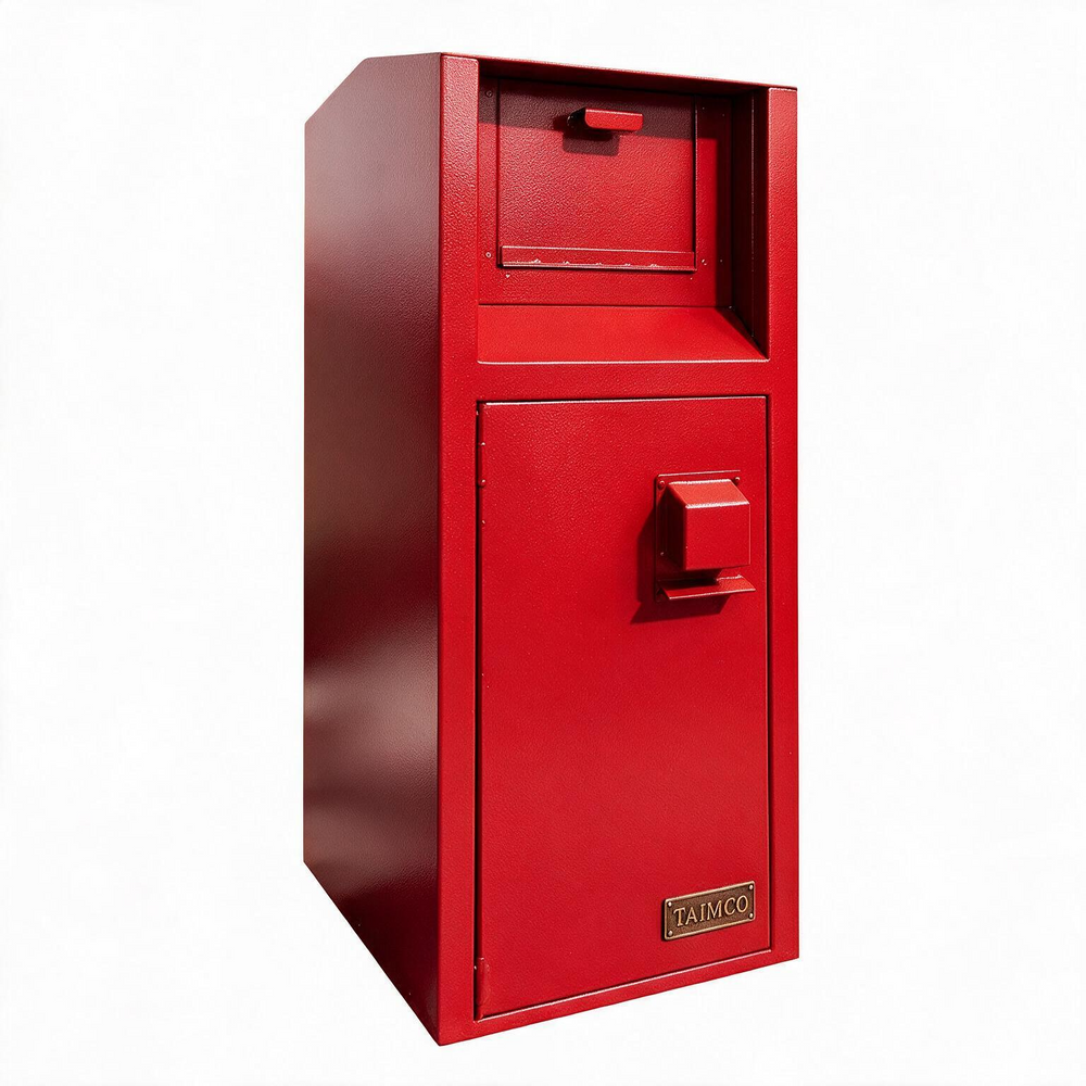 A red metal safe or lockbox with a top mail slot and a lower door featuring a handle and a small 'TAIMCO' brand plate, shown on a plain white background.