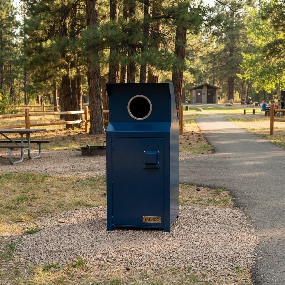 A dark blue metal trash compactor bin with a circular opening at the top, standing on a gravel path in a park with trees and picnic tables in the background.