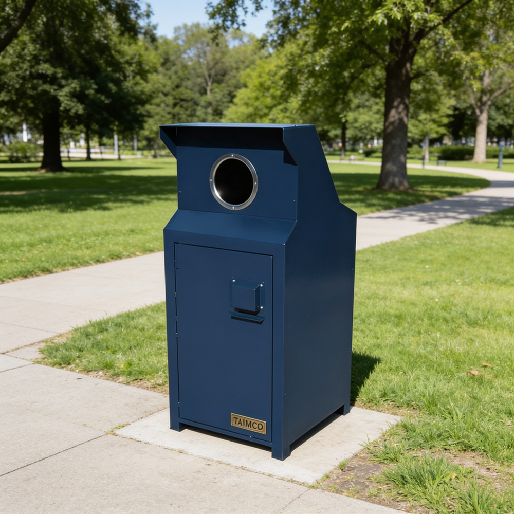 A dark blue metal trash compactor bin with a circular opening at the top, set on a concrete pad in a grassy park area.