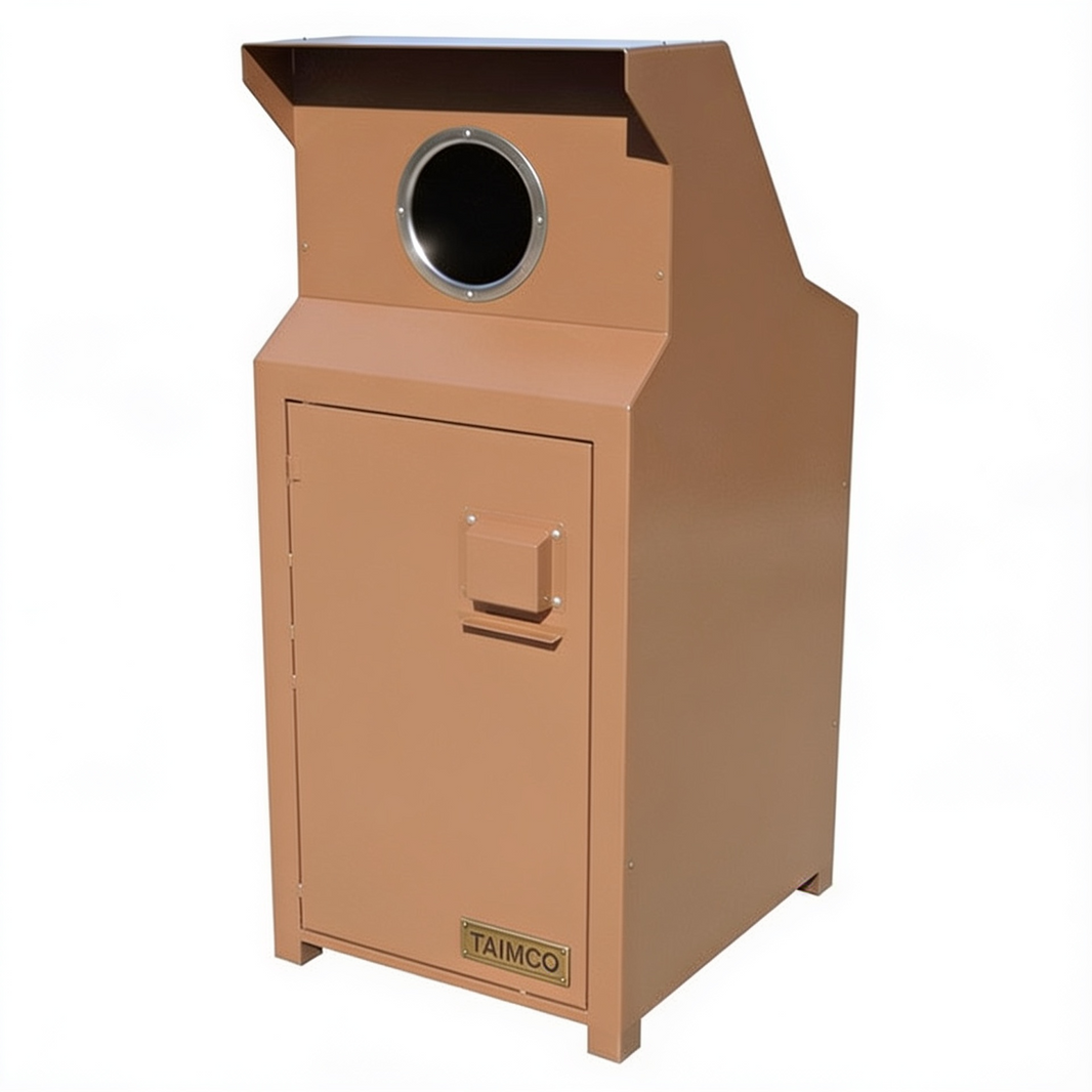 A TAIMCO industrial waste container or refuse bin with a tan metal cabinet, a circular opening at the top, and a small front handle, shown on a plain white background.