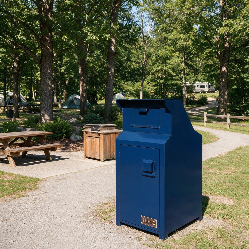 A dark blue TAMCO commercial trash compactor unit standing on a gravel path at a sunny outdoor campsite with trees, picnic tables, and tents in the background.