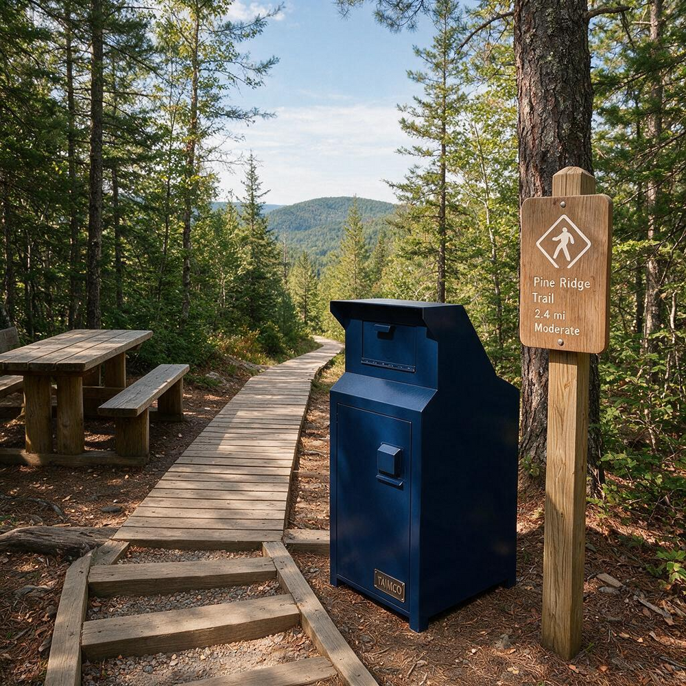 A dark blue public trash can stands beside a wooden trail sign reading 'Fine Ridge Trail Moderate' in a forest setting with a boardwalk path, picnic tables, and mountains in the background.