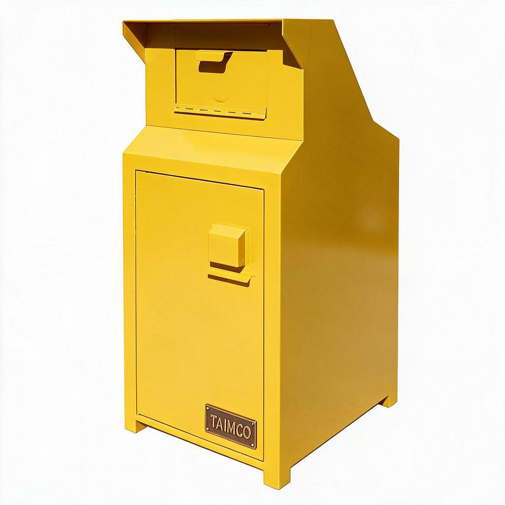 A bright yellow metal mailbox with a front door, top投递 slot, and a small TAIMCO brand plate near the bottom, shown on a plain white background.