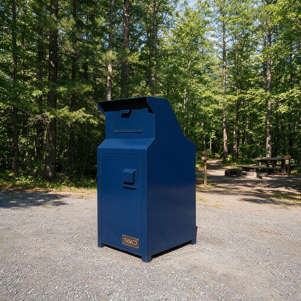 A blue metal trash compactor or dumpster container with a small 'TANCO' brand plate, situated on a gravel path in a wooded outdoor setting.