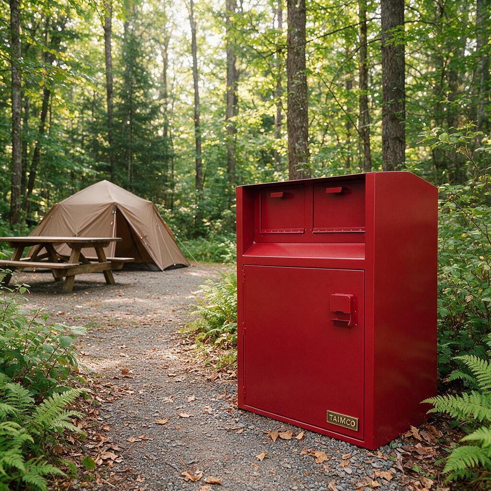 A red metal mailbox cabinet stands on a gravel campsite path in a wooded forest, with a tan tent and picnic table in the background.