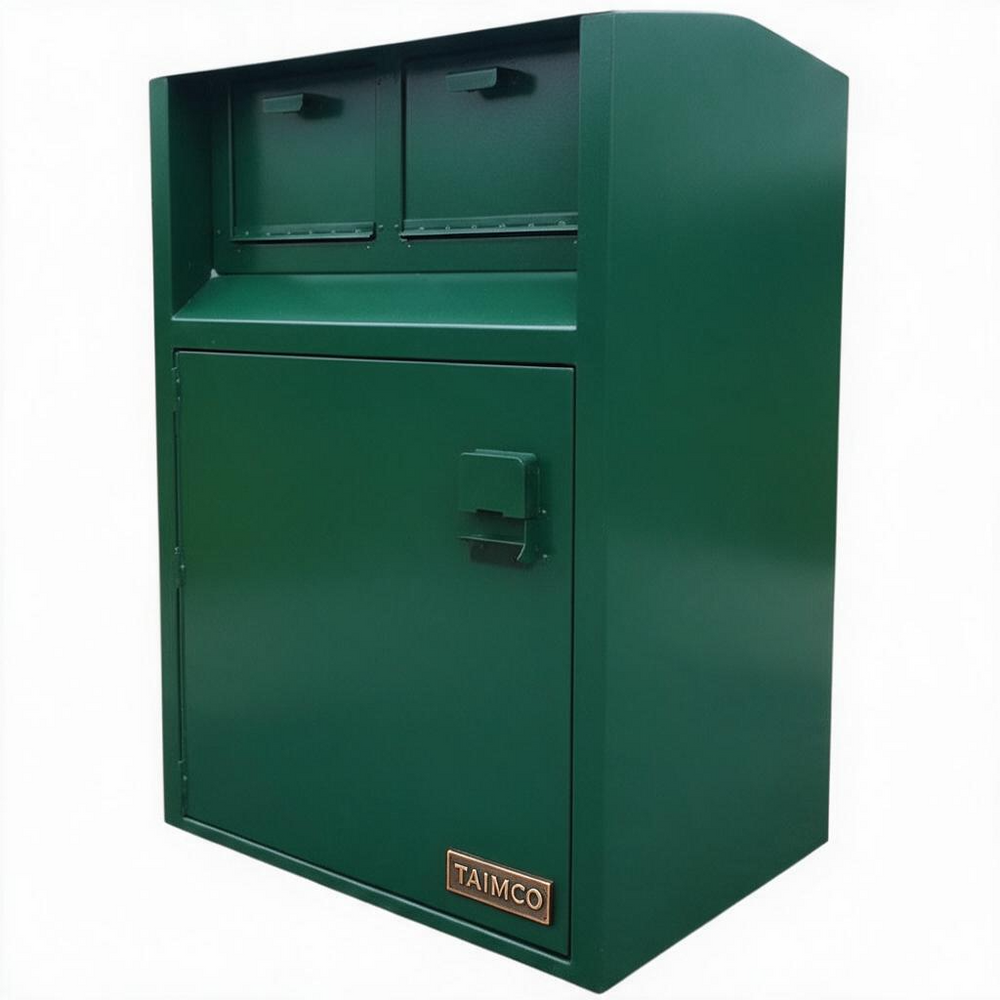A dark green metal mailbox cabinet with a lower door, upper mail slots, and a small TAIMCO logo plate on the bottom front, shown on a plain white background.