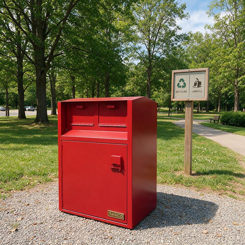 A red metal trash and recycling bin with two top compartments and a lower door, placed outdoors on a gravel path in a park next to a wooden sign post.