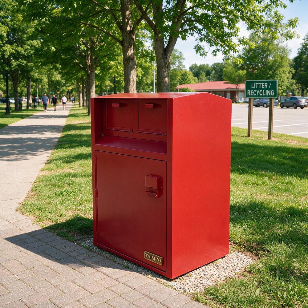 A red metal trash and recycling storage cabinet with two top bins and a lower door, placed outdoors on a paved path beside grass and trees. A small gold badge on the front reads 'TANKOR'.