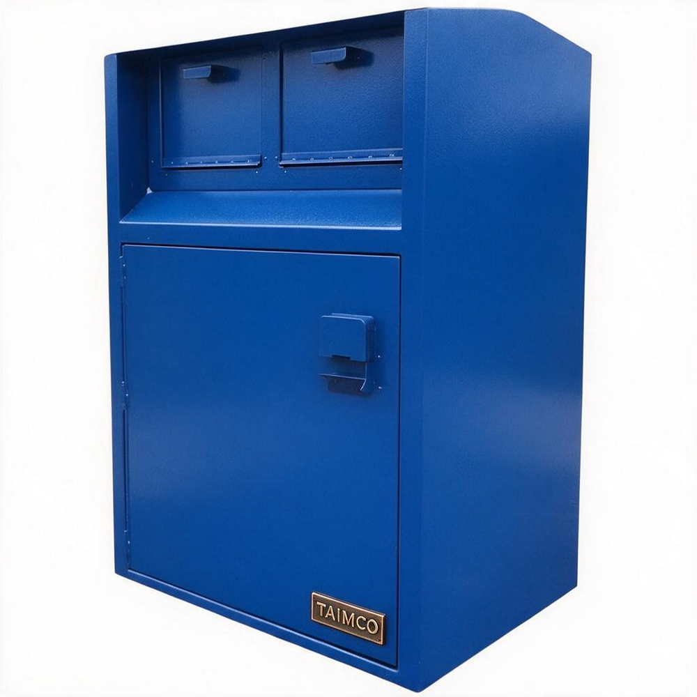 A blue metal mailbox cabinet with two top mail slots, a lower door with a handle, and a small gold TAIMCO logo plate on the bottom front, shown on a plain white background.