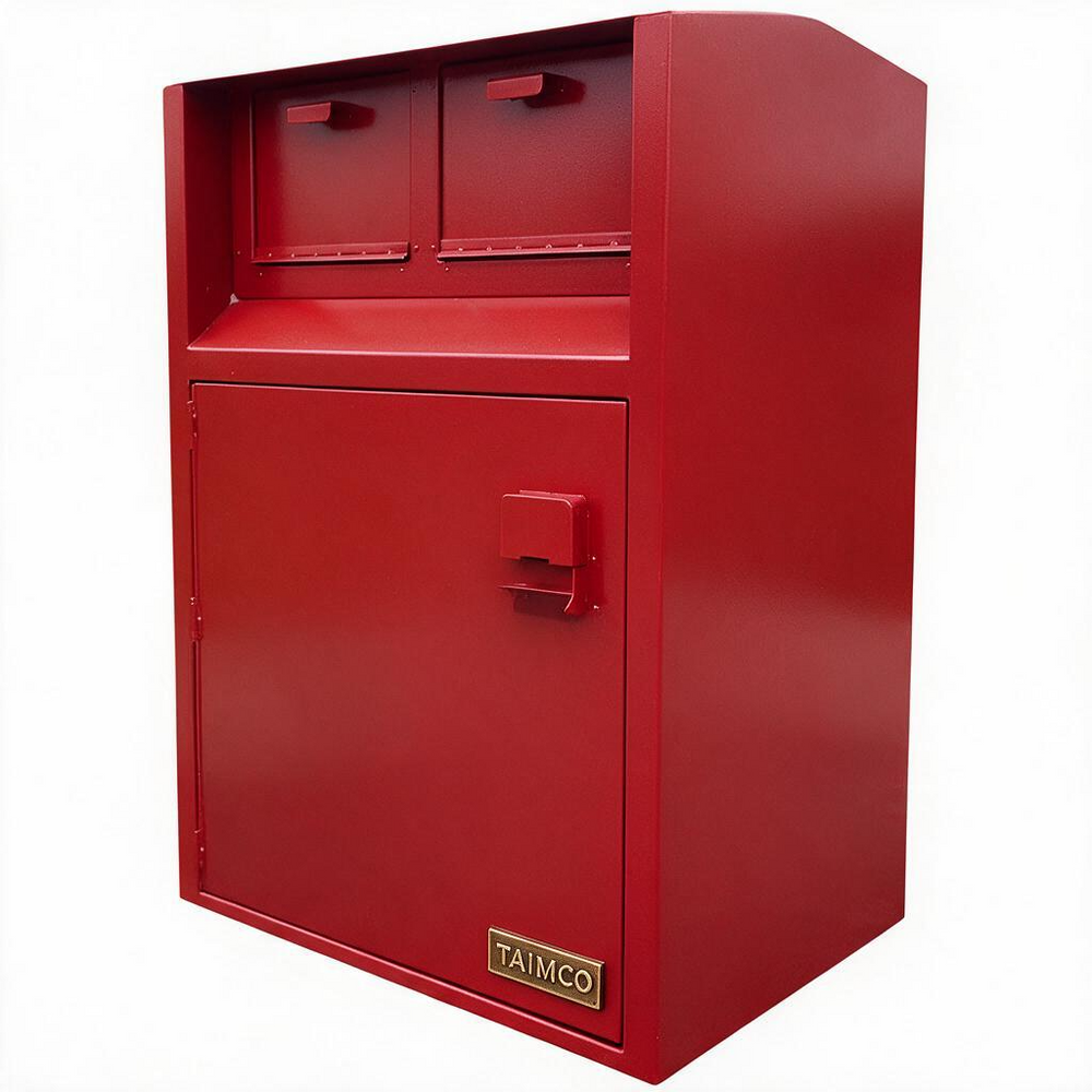 A red metal mailbox cabinet with two top mail slots, a lower door with a handle, and a small gold TAIMCO brand plate near the bottom front, shown on a plain white background.