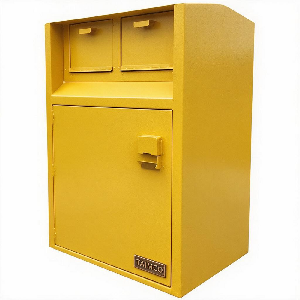 A yellow metal safe with two top drawers and a large front door featuring a latch lock and a small TAIMCO brand plate, shown on a plain white background.