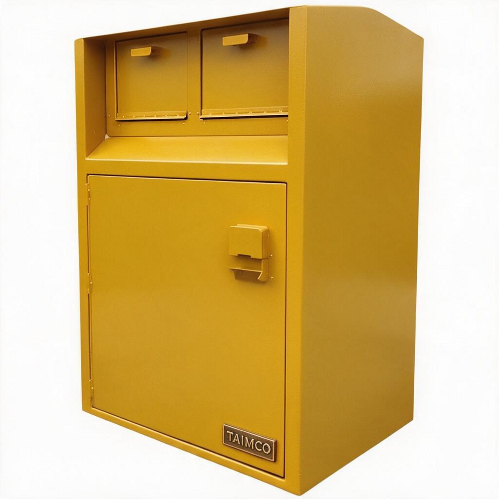 A yellow metal safe with two top drawers, a main door with a handle, and a small TAIMCO logo plate on the bottom right, shown on a plain white background.