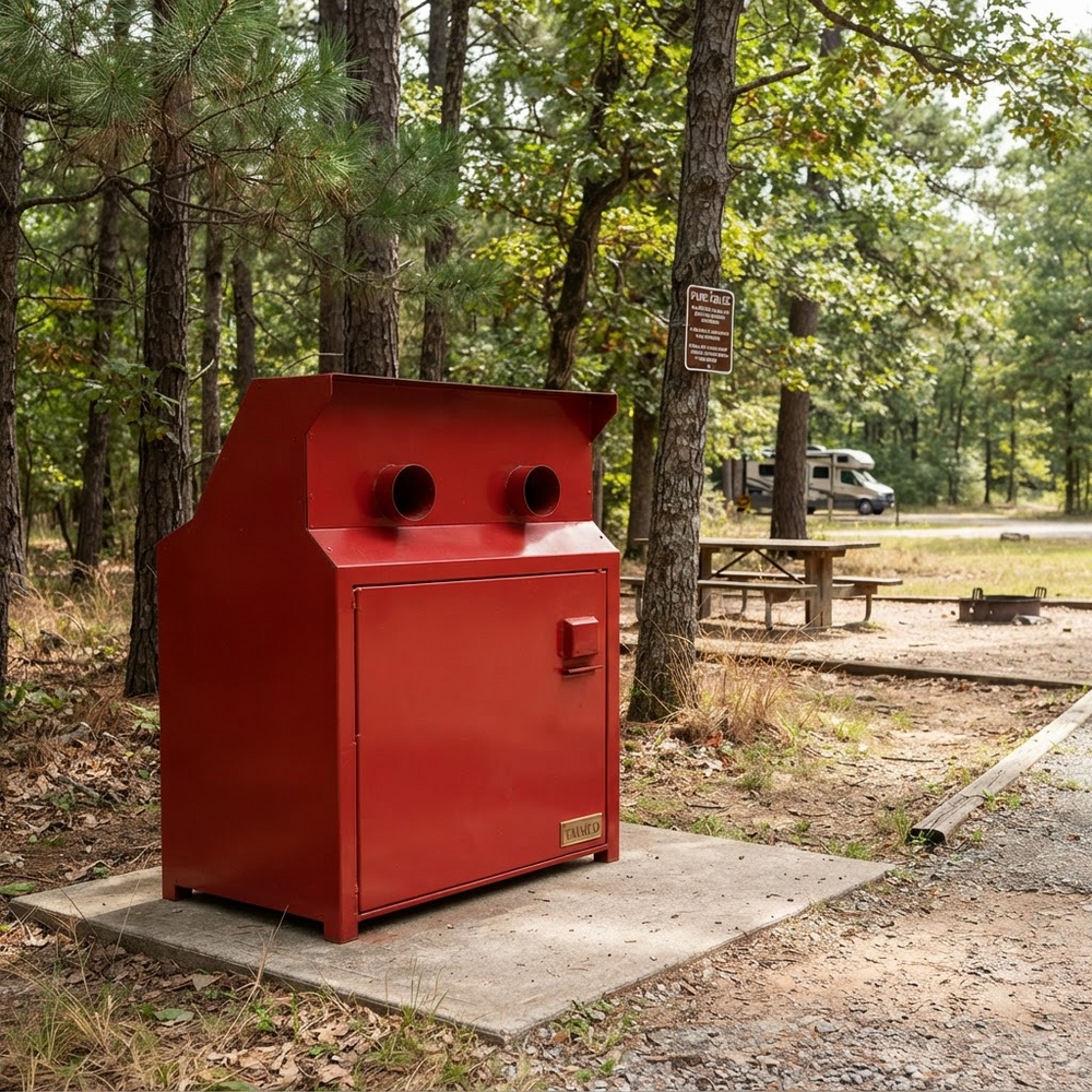 A red metal dual-bin outdoor trash compactor or recycling station placed on a concrete pad in a wooded campsite setting.