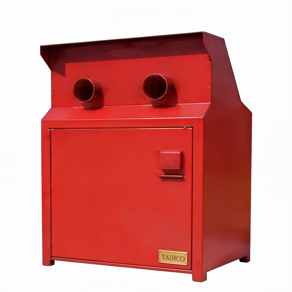 A red metal industrial dust collector or filter cabinet with two circular intake ports on the upper front, a side access panel, and a small gold TAIMCO brand plate near the bottom right corner, set against a plain white background.