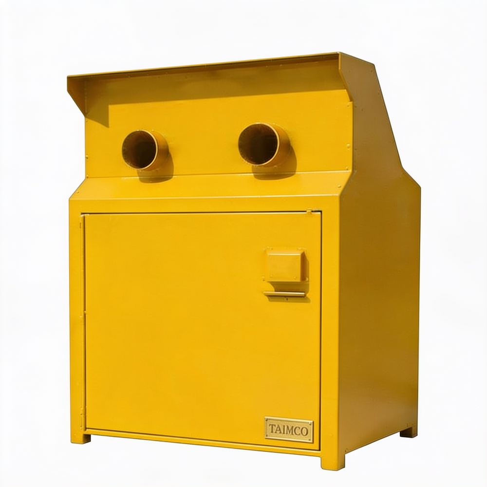A bright yellow industrial metal cabinet with two circular openings on the top panel and a small TAIMCO logo plate near the bottom right, shown on a plain white background.