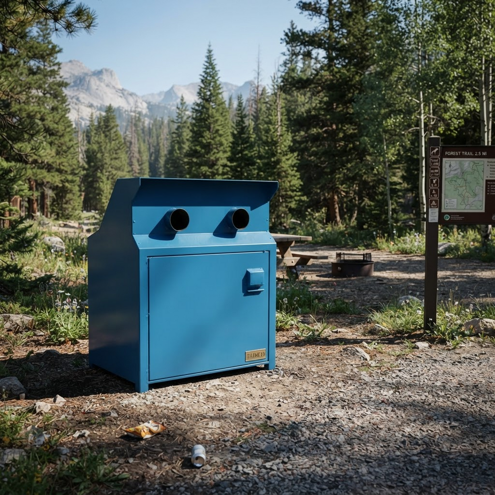 A blue metal trash compactor or waste container with two circular openings on top, placed outdoors in a wooded campsite area with trees, mountains, picnic tables, and a trail sign visible.