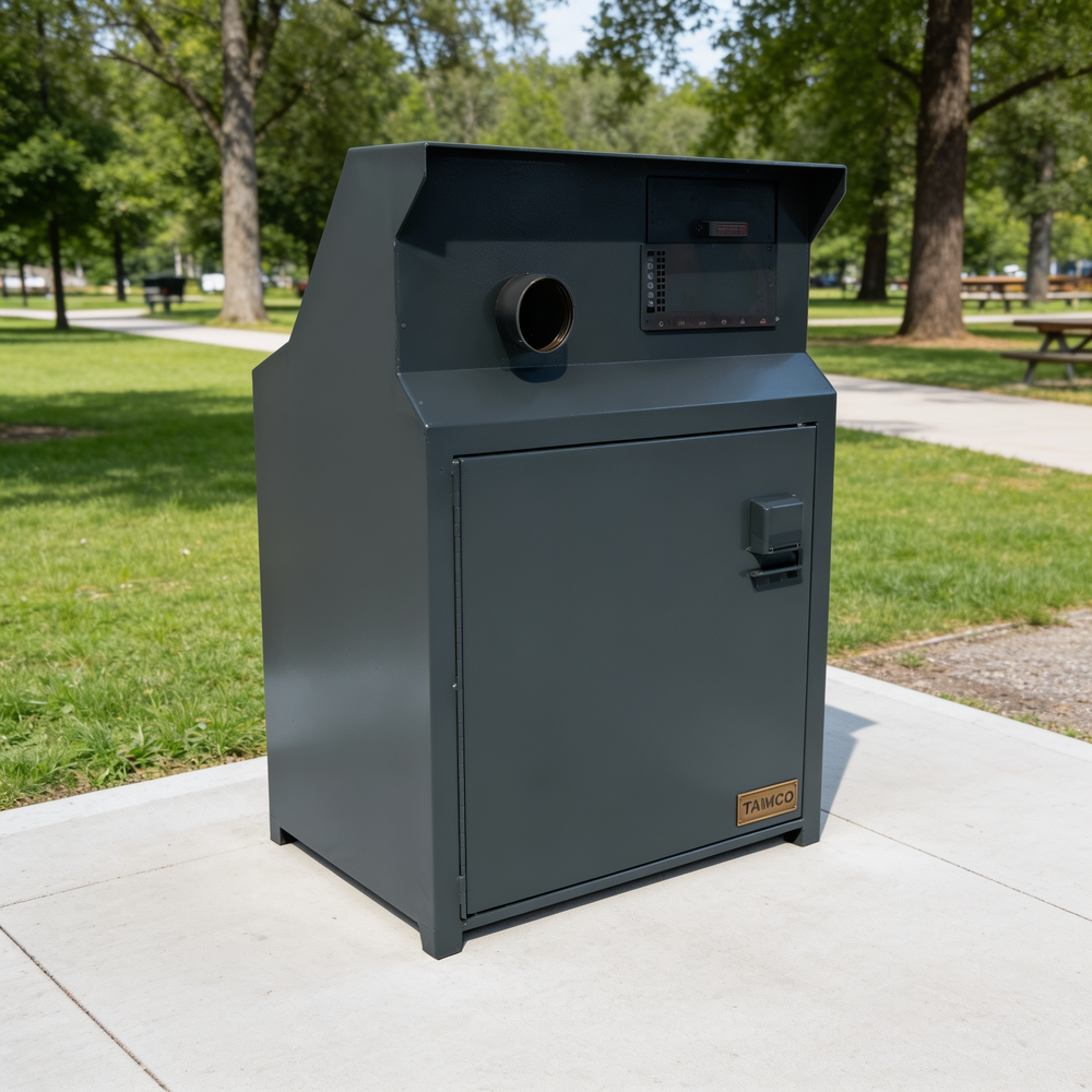 A dark gray automatic trash compactor unit sitting on a concrete pad in an outdoor park setting with grass and trees in the background.