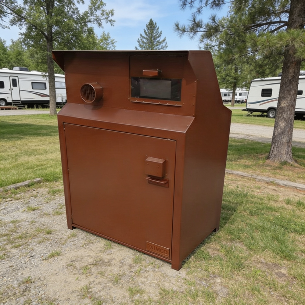 A rusted brown metal outdoor storage cabinet or utility box with a front door, handle, and small window, photographed outdoors on grass near trees and RVs.