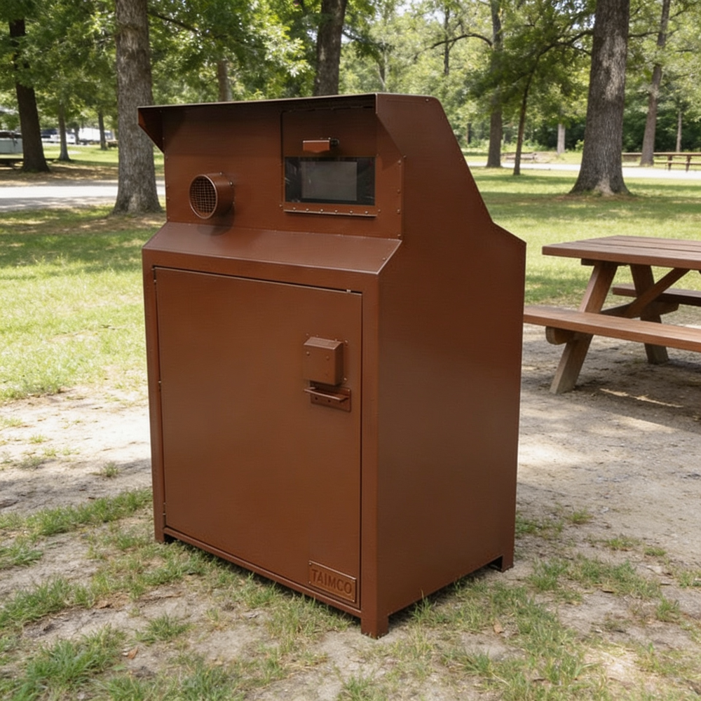 A large brown metal trash compactor unit standing outdoors on grass near a picnic table in a park.