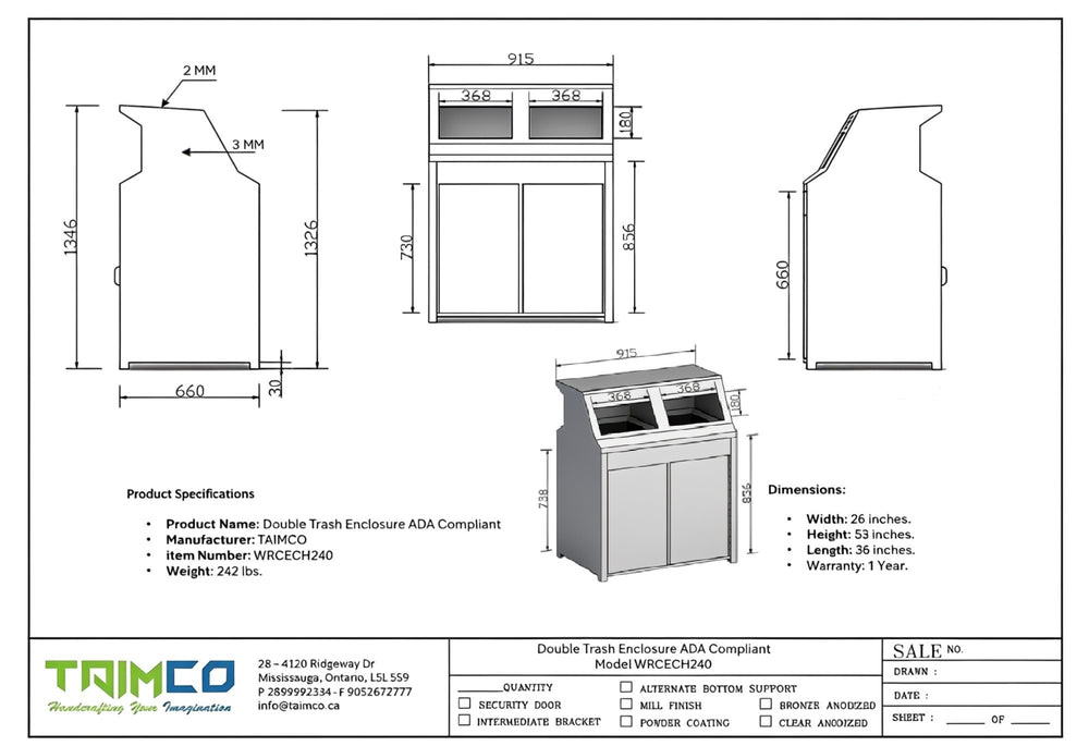 Technical drawing of a double trash enclosure with dimensions and specifications.