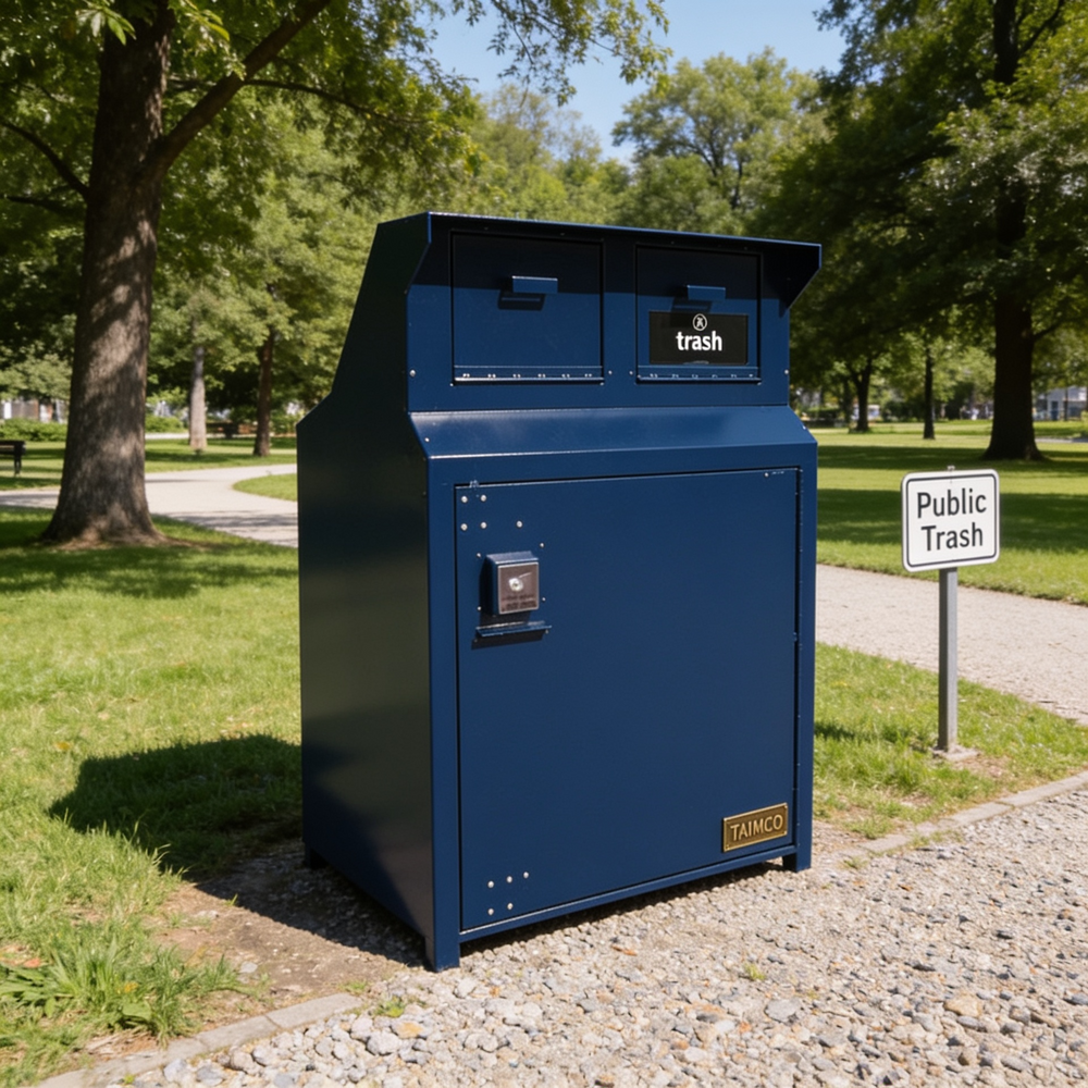 Blue trash bin in a park with a 'Public Trash' sign in the background
