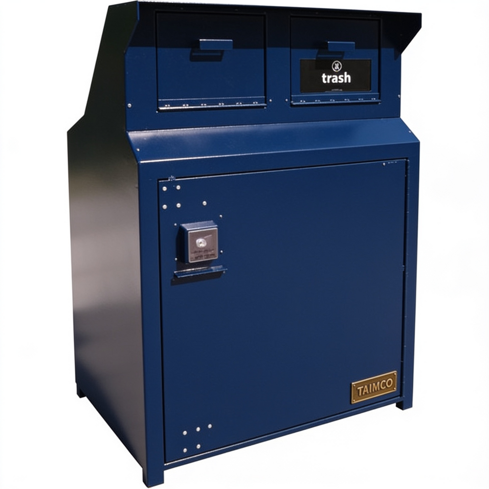 Blue trash receptacle with a visible brand logo on a white background