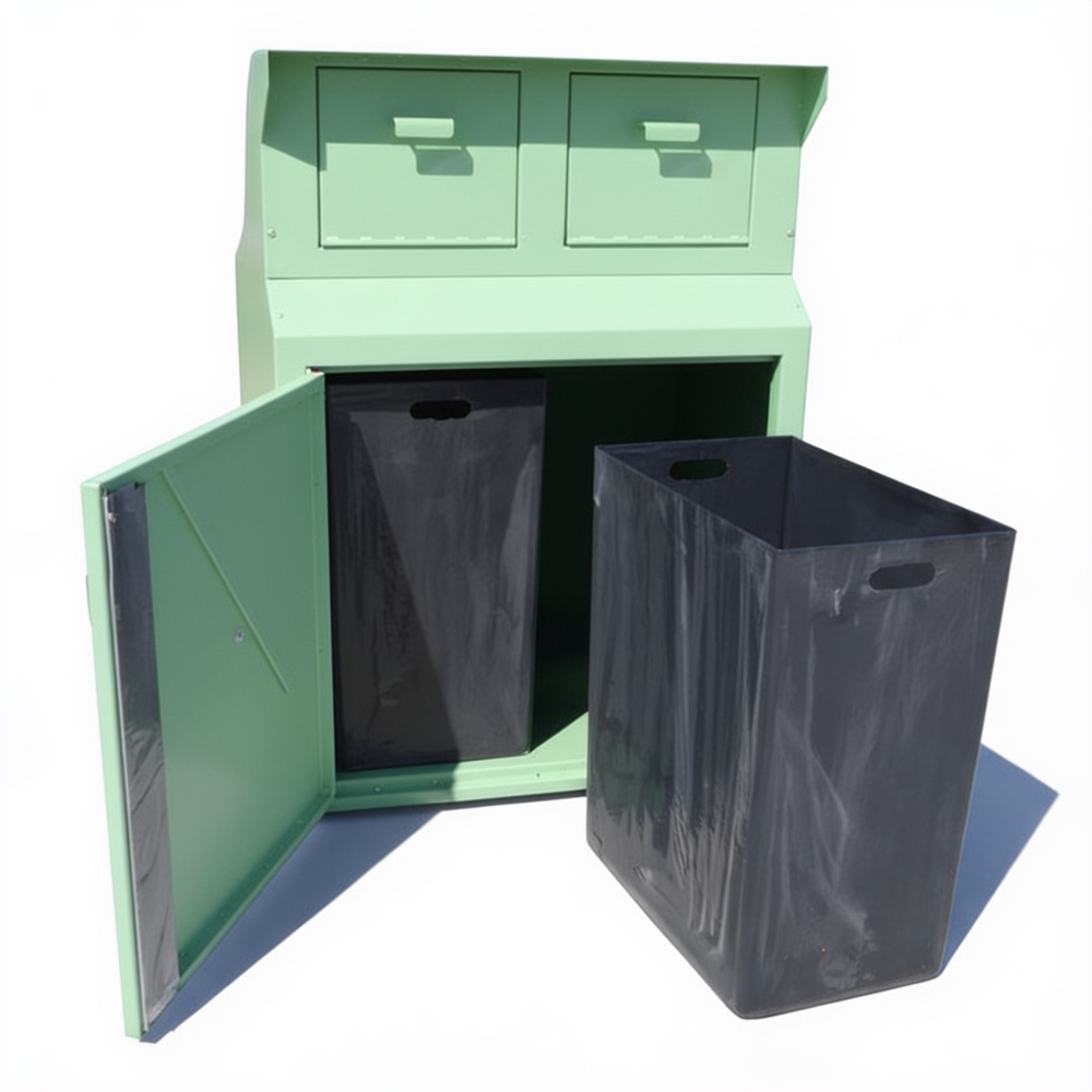Green trash bin with two black trash bags inside on a white background