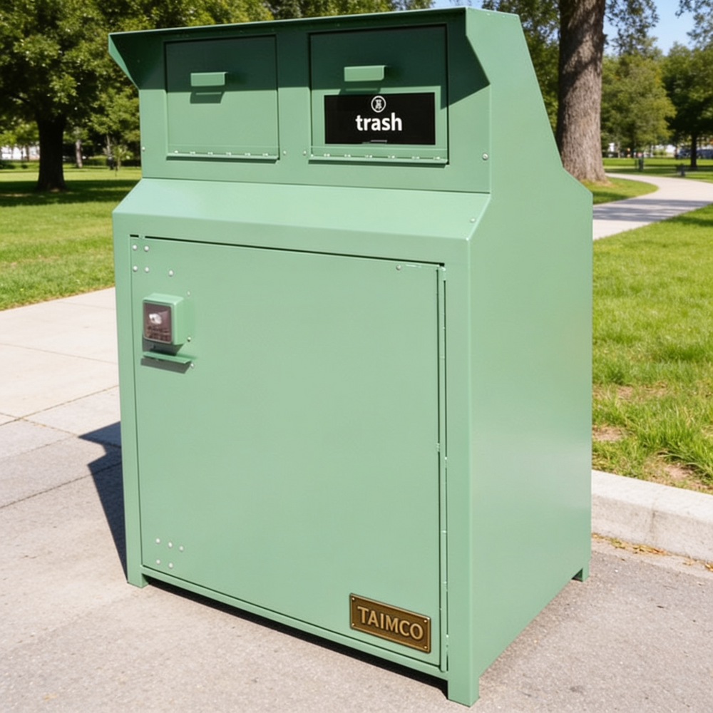 Green trash bin with 'Taimco' branding in a park setting