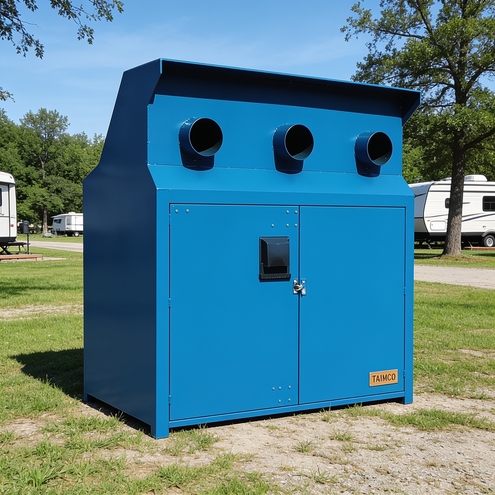 Industrial metal cabinet with three circular hose ports and two hinged service doors