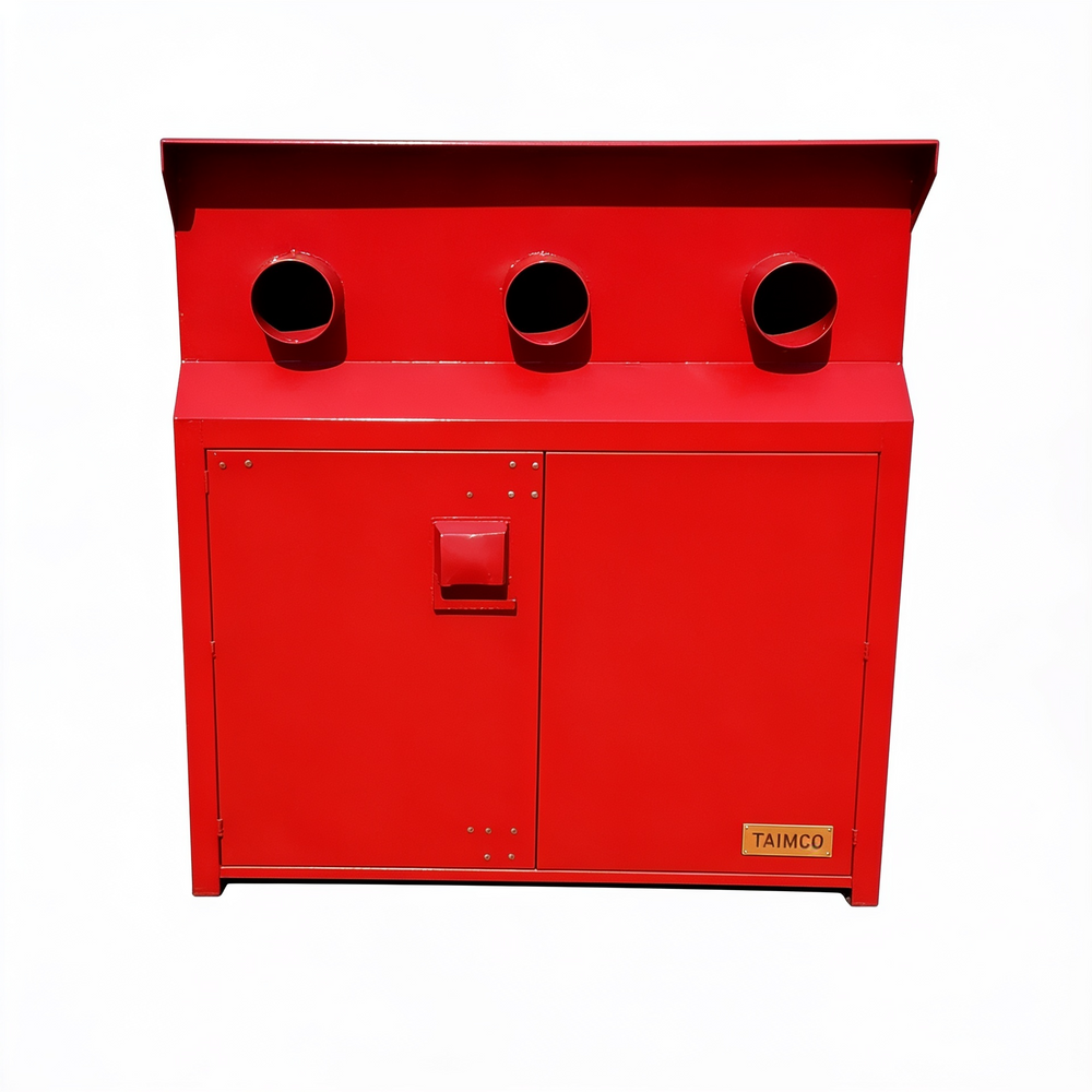 Industrial metal cabinet with three circular hose ports and two hinged service doors