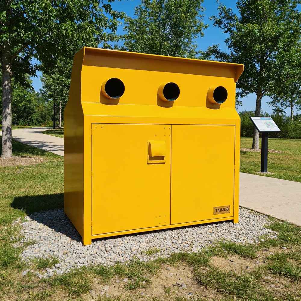 Yellow powder‑coated industrial cabinet with circular top openings and front handle