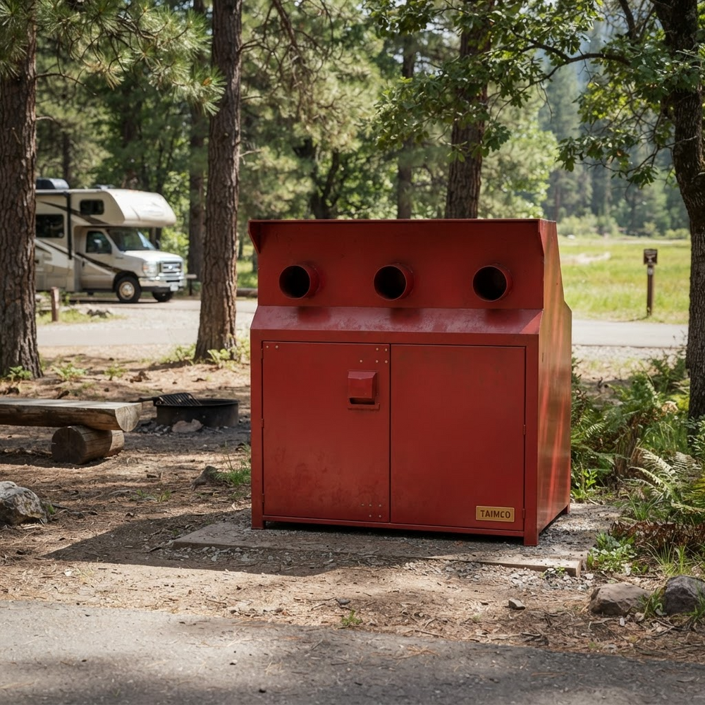 Sturdy steel cabinet with triple circular ports and lower double‑door access