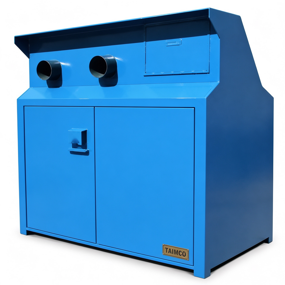 Blue industrial metal cabinet with dual circular exhaust ports and lower double doors