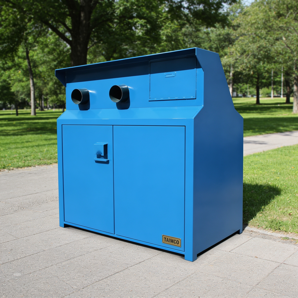 Heavy‑duty steel enclosure featuring two round ventilation ports and front access doors