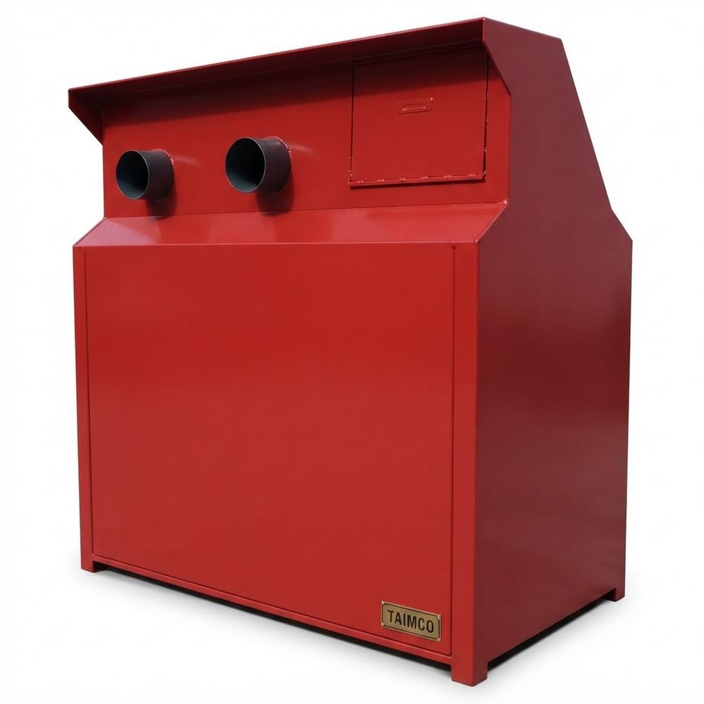 Industrial blue enclosure featuring exhaust ports and TAIMCO branding plate
