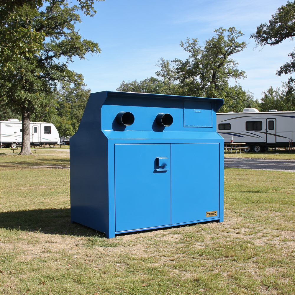 Durable blue steel cabinet designed with ventilation ports and reinforced front doors