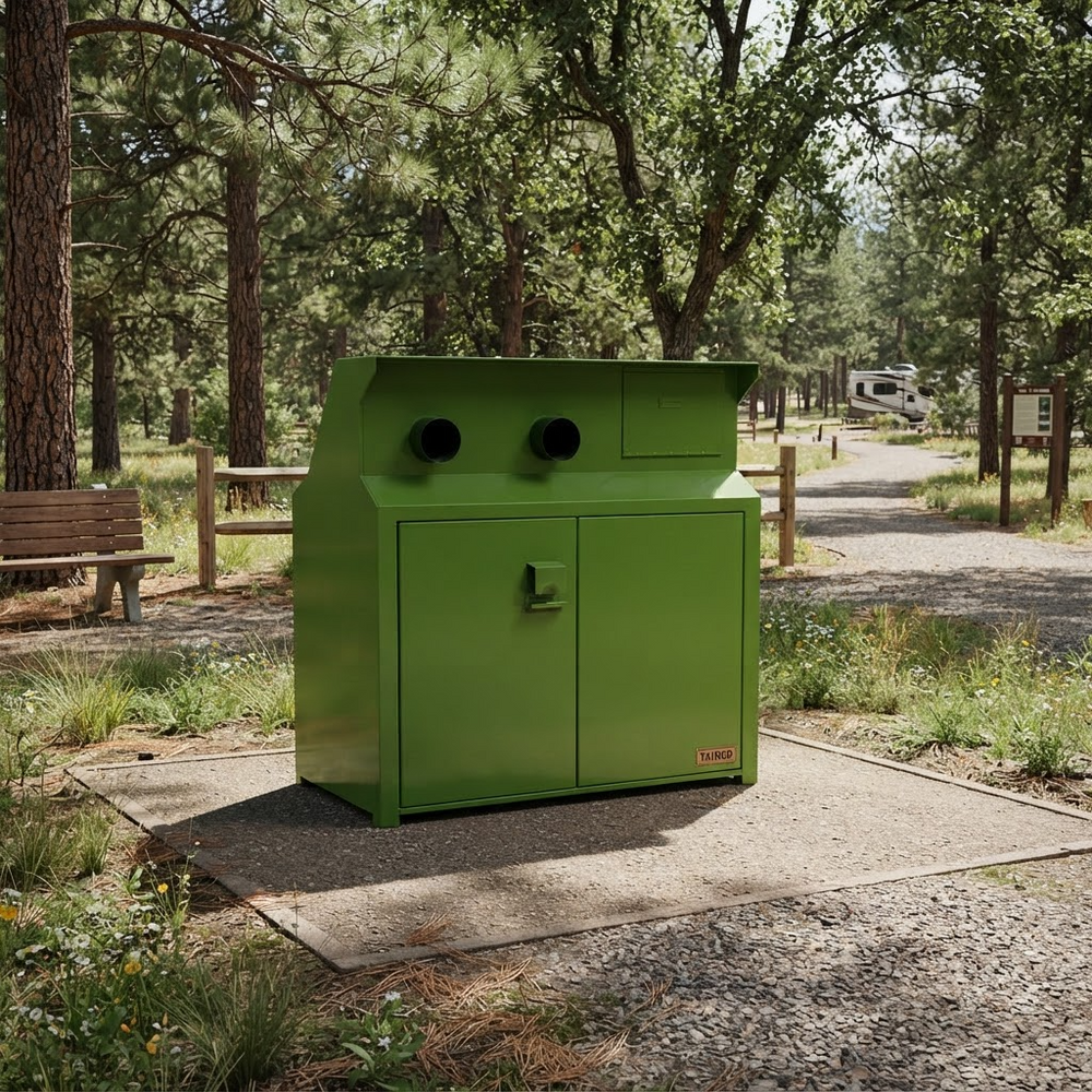 Metal processing cabinet with dual circular openings and double‑door access