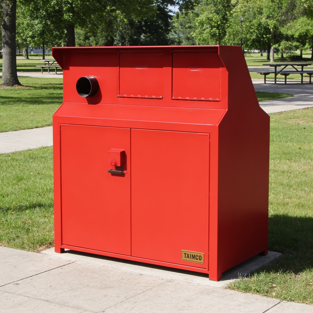 Sturdy steel workstation cabinet with two circular vents and lower double‑door access