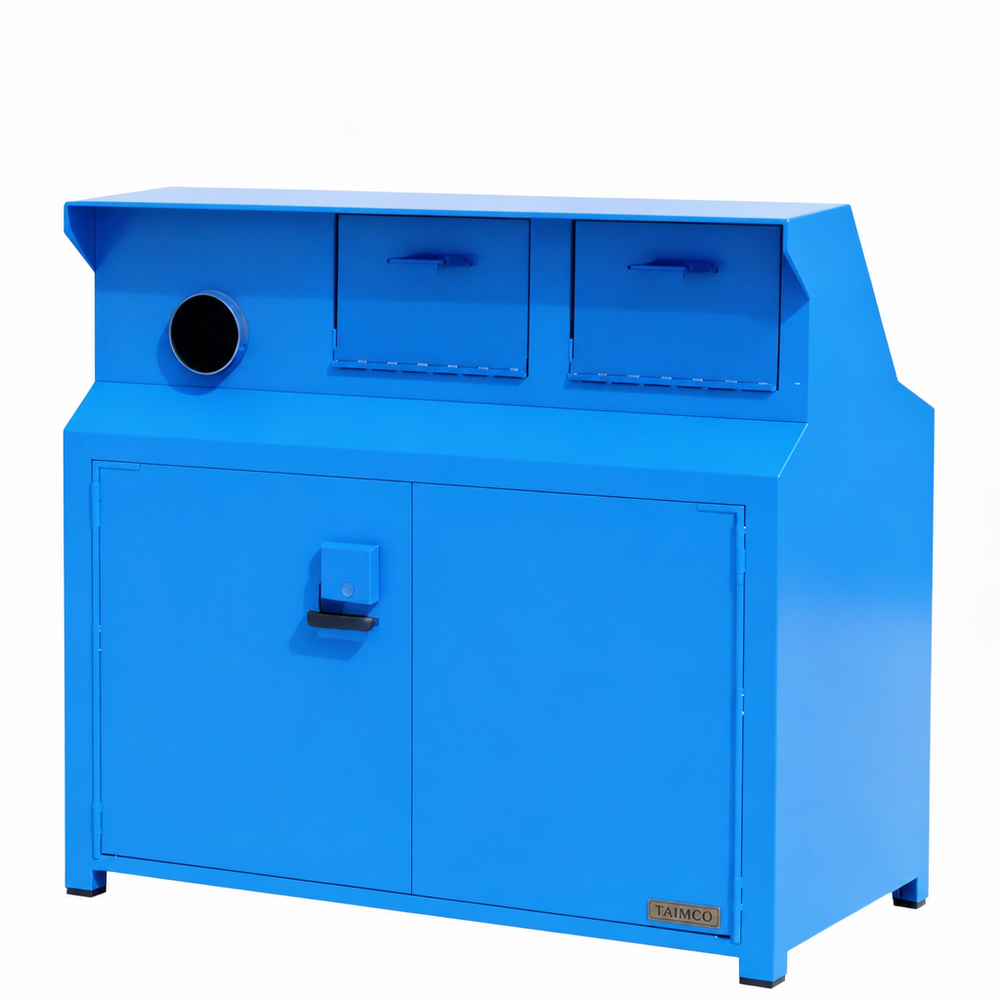 Blue industrial metal cabinet with dual circular exhaust ports and lower double doors