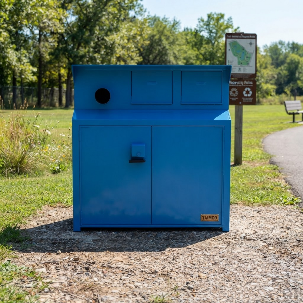 Metal processing cabinet with dual circular openings and double‑door access