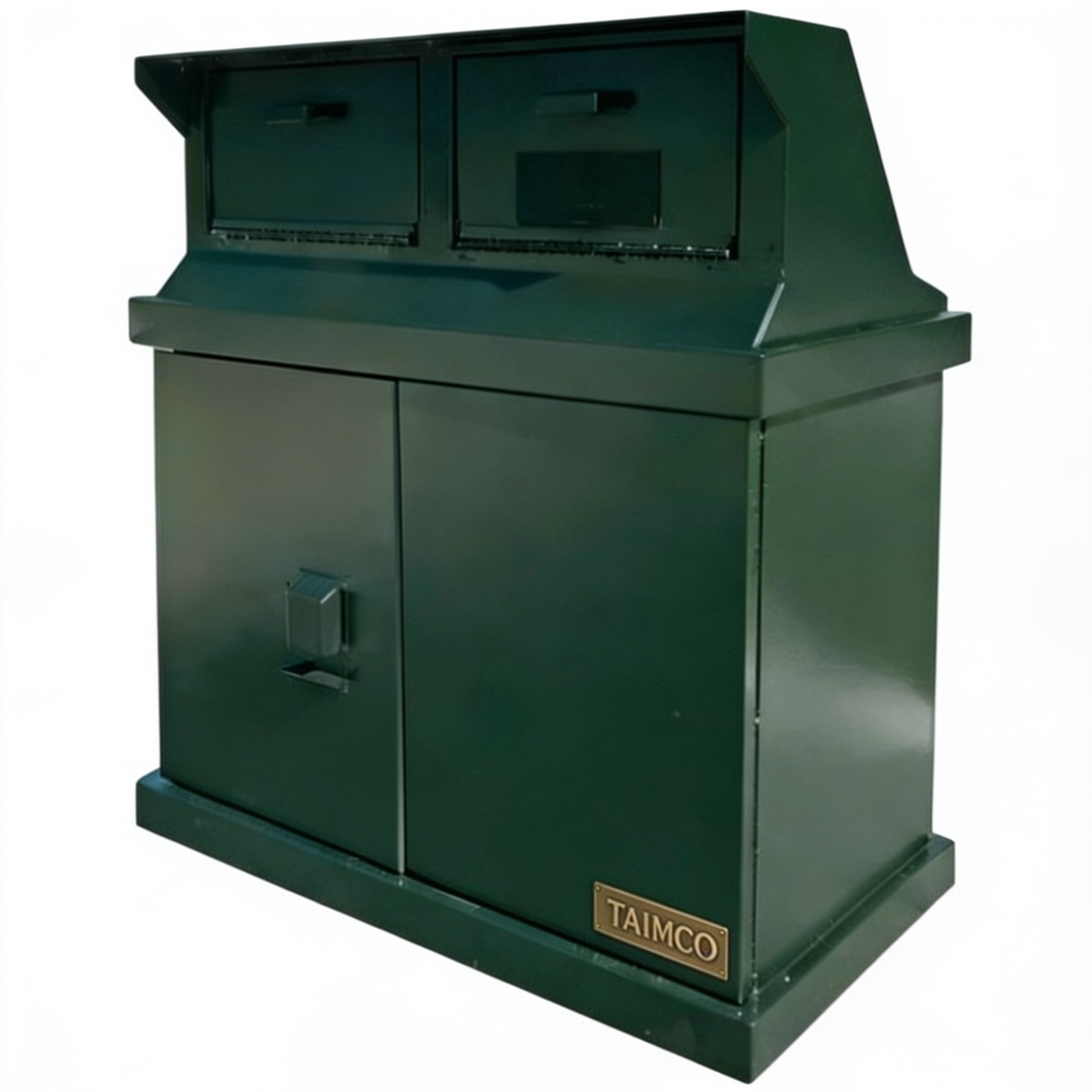 A dark green metal industrial storage cabinet with two upper door compartments, two lower cabinet doors, and a small gold-toned TAIMCO brand plate on the lower right front.